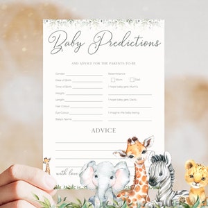 Baby Prediction Cards Custom, Editable Safari Themed Baby Shower Party Predictions Game with Advice for Parents Card Template Canva BS003A
