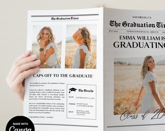 Newspaper Style Graduation Announcement 2025, Custom Newspaper Graduation Digital Invite, Printable College Grad Invitation Template, CANVA