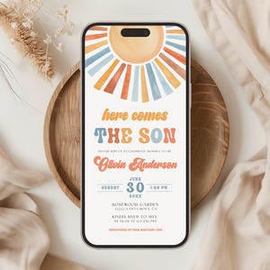 First Trip Around The Sun Evite, Here Comes The Sun Baby Shower Electronic Invitation, Editable Sunshine Baby Shower Mobile Digital, CANVA