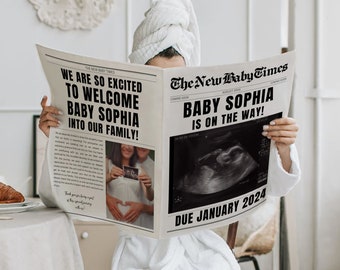 Pregnancy Announcement on Newspaper, Newspaper Template Baby Custom Large Newspaper Digital, Gender Reveal Baby Shower Printable CANVA DIY