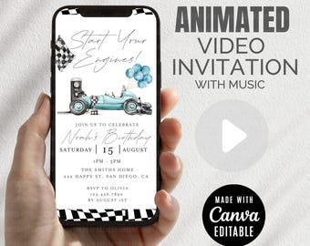 Go Kart Racing Birthday Invitation, Animated F1 Racing Bday Invite Template for Boys, Editable Car Race Party Video Evite CANVA DIY Download
