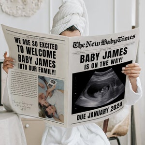 New Baby Announcement Newspaper Baby On the Way Pregnancy Reveal Large Custom Newspaper Template for Baby Shower, CANVA DIY Download image 1