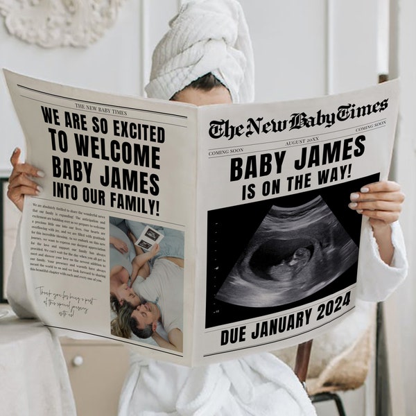 New Baby Announcement Newspaper | Baby On the Way Pregnancy Reveal Large Custom Newspaper Template for Baby Shower, CANVA DIY Download