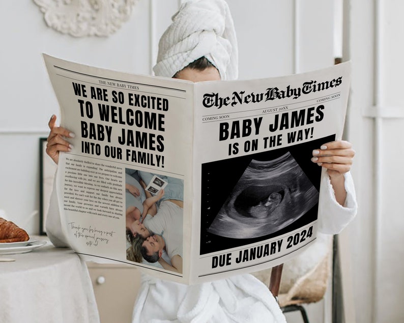 New Baby Announcement Newspaper Baby On the Way Pregnancy Reveal Large Custom Newspaper Template for Baby Shower, CANVA DIY Download image 1