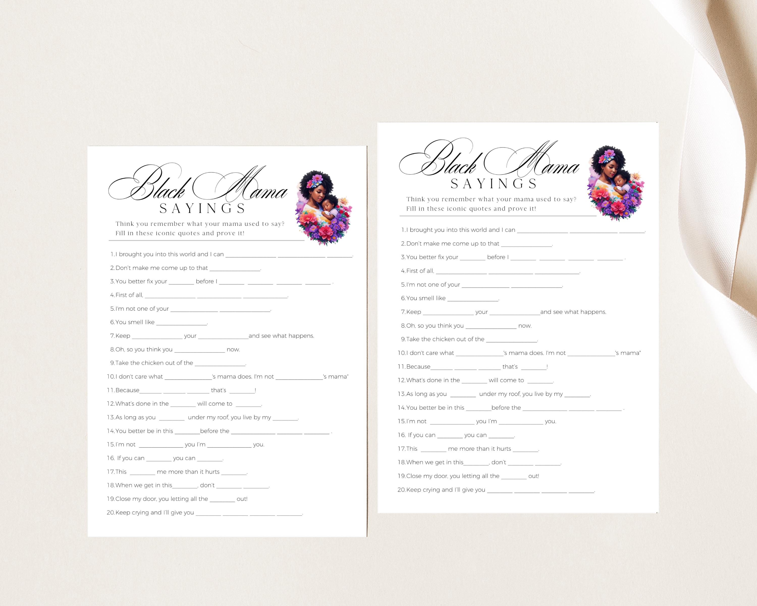 Things Black Moms Say Baby Shower Game, African American Party