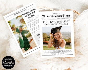 Newspaper Template For Graduation 2025, Editable College Grad Invitation, Newspaper Template Grad Newspaper, Instant Digital Download, CANVA