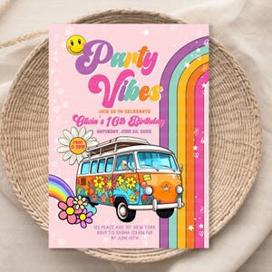 Birthday Invitation for 10 Year Old, Peace Retro Party Vibes Printable Invitation 5x7 Template, Editable Bday Card Invite Canva DIY HP012