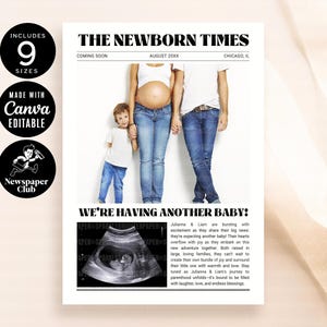 Baby Shower Pregnancy Reveal Newspaper, Printable Baby Announcement Large Newspaper, Editable Photos 4-Page Template, Instant Download CANVA