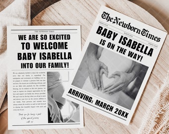 Baby Coming Soon Newspaper Announcement, Baby Announcement Newspaper Canva, Baby Gender Announce Infographic, Baby Is Coming Newspaper Canva