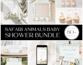 Safari Girl Baby Shower Bundle, Jungle Animals Invite Shower Games and Table Signs Editable Templates, Custom Canva Download SAFARI, BS003A