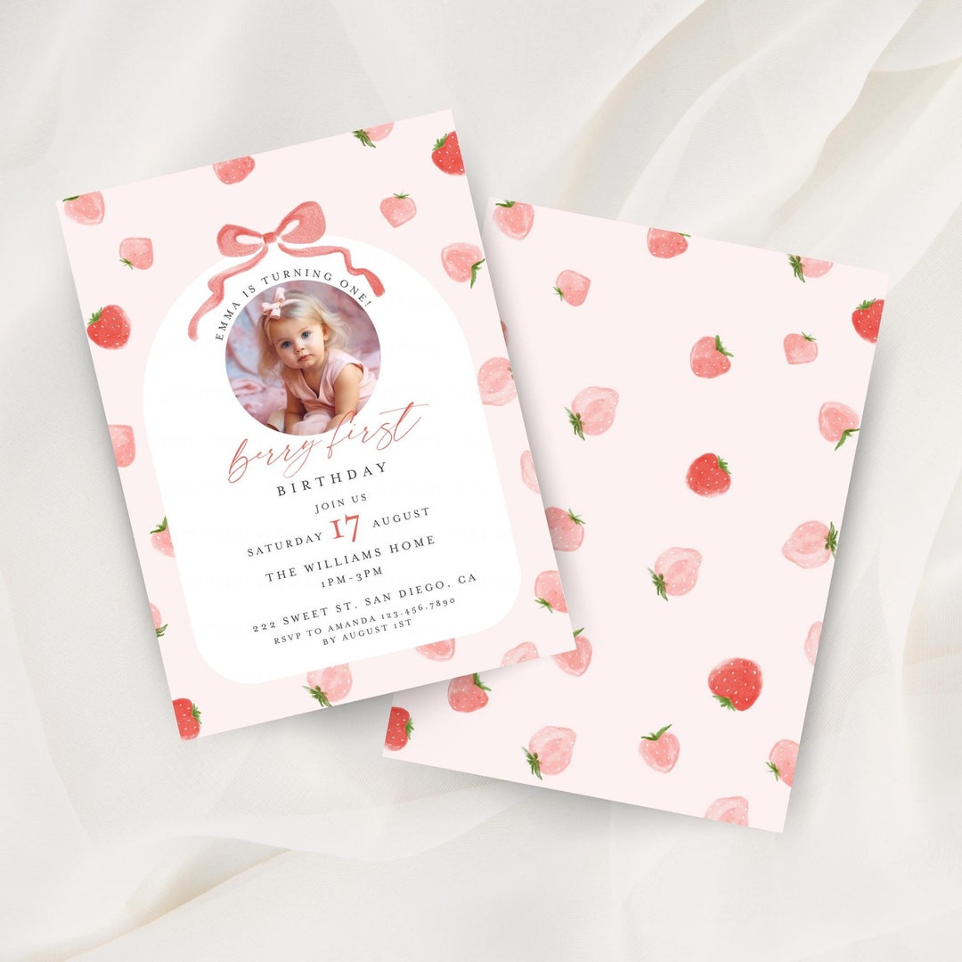 Girl Strawberry Berry First 1st Birthday Party Invitation With Photo ...