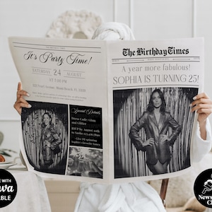 Newspaper Template Poster, Custom Photo Birthday Infographic Invite Printable with Newspaperclub, Canva DIY Large Newspaper Instant Download