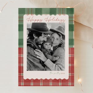 Red and Green Tartan Plaid Photo Christmas Card for Holiday Events, Family Celebration Photo Snap, Happy Holidays Greeting Card Canva CM067A