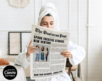 Newspaper Template For Business Launch Announcement, Editable Business business Anniversary Newspaper, Custom Large Marketing News, CANVA