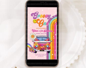 One Groovy Baby Digital Invitation, Retro Van Daisy Peace Theme Electronic Invite Editable Template, First Year Birthday Evite, Canva HP012
