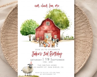 On The Farm Kids Fun 2Nd Birthday Party Invitation, Cute Watercolor Farm Animals Kids Birthday Invite, Oink, Baa, Moo! Barnyard Themed HP027