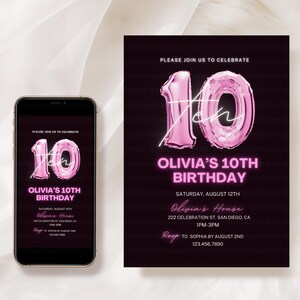 Printable Glow Birthday Party Invitation, Editable 10th Birthday Invitation Neon Pink Template, Mobile Invite, Instant Download Canva HP011A