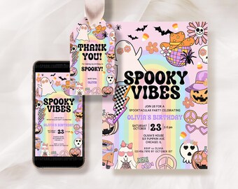 May include: A Halloween-themed invitation suite with a phone displaying the same design. The design features ghosts, pumpkins, and the text "Spooky Vibes" in a retro font. A matching gift tag says "Thank You! Spooky!"