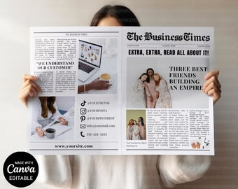 Custom Photos Business Announcement Printable Template, Canva Business Newspaper, Editable 2Page Large Newspaper for Business Photoshoot DIY