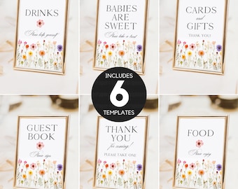 May include: Six printable baby shower sign templates featuring a floral design with a gold frame. The signs include: Drinks, Babies are Sweet, Cards and Gifts, Guest Book, Thank You, and Food.