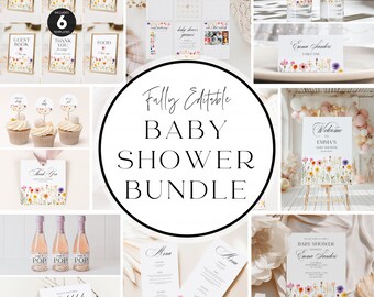Boho Wildflower Baby Shower Bundle, Editable CANVA Wildflower Baby Shower Package, Baby In Bloom Baby Shower Set, Instant Download BS001A