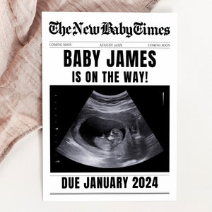New Baby Announcement Newspaper Baby On the Way Pregnancy Reveal Large Custom Newspaper Template for Baby Shower, CANVA DIY Download image 2