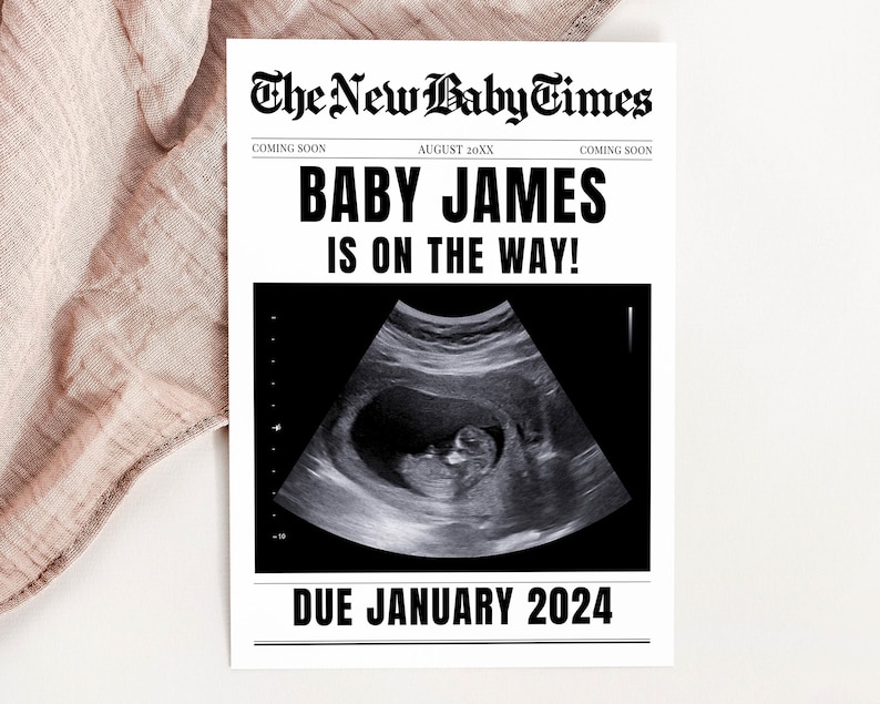 New Baby Announcement Newspaper Baby On the Way Pregnancy Reveal Large Custom Newspaper Template for Baby Shower, CANVA DIY Download image 2