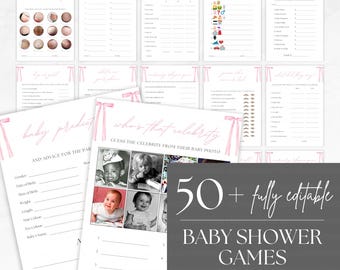 Editable 50+ Game Template, Pink Bow Themed Baby Shower Games, Pink Ribbon Baby Shower Game Bundle, Custom Baby Shower Game, Canva BS004A