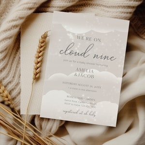 On Cloud Nine Baby Shower Invitation Card, Were On Cloud Nine Baby Shower Invite, Editable On Cloud 9 Invitation Template, CANVA BS002A