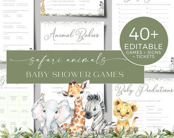 Safari Baby Shower Games Bundle Jungle, Modern Baby Shower Games PRINTABLE Templates Canva, Custom 40+ Games DIY Download, BS003A