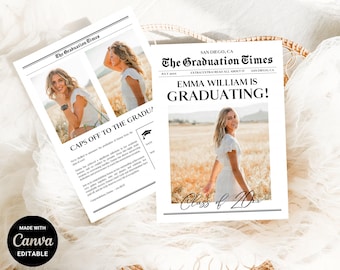 High School Graduation Announcement Template, College Newspaper Graduation Card, Printable Newspaper Graduation Party Invite, CANVA DIY