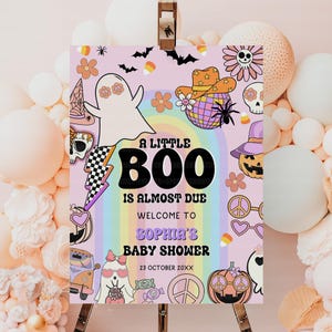 Welcome to Baby Shower Sign Halloween, Retro Groovy Spooky Little Boo Is Due Large Poster Reception Decor Canva DIY Template Digital BS007A