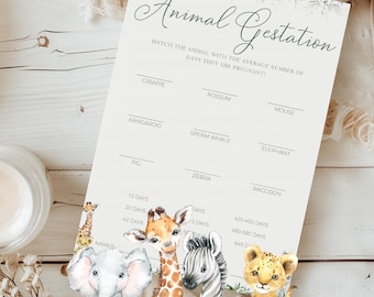 Woodland Animal Gestation Game, Safari Animals Theme Baby Shower Gestation Game Editable Template with Answer Key, Editable Canva BS003A