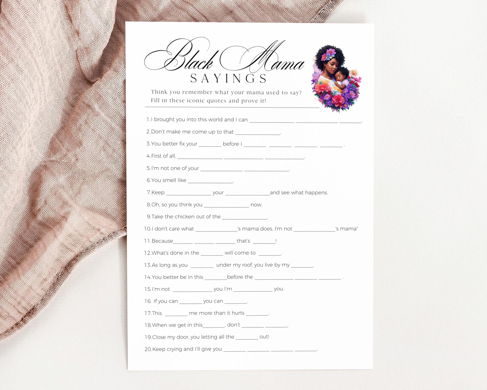 Things Black Moms Say Baby Shower Game, African American Party