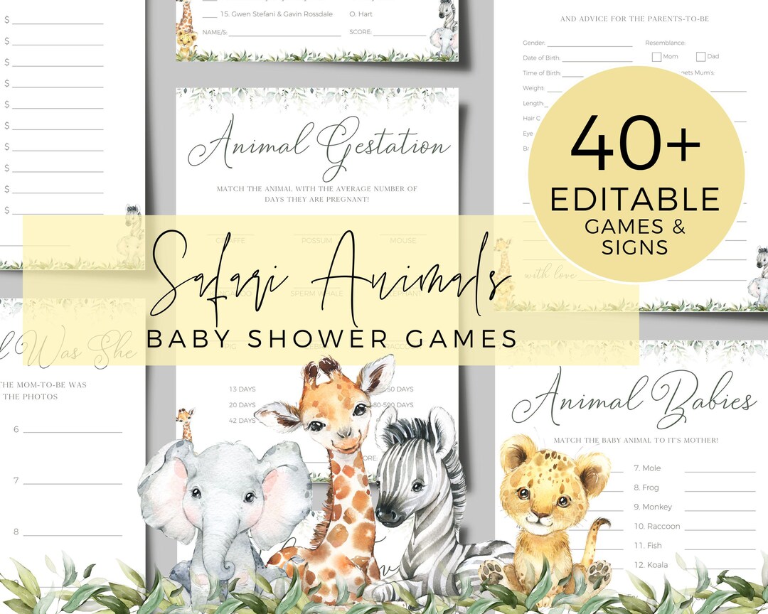 Printable Baby Shower Safari Games, Jungle Baby Animals Games Bundle
