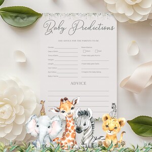 Greenery Baby Prediction Cards, Safari Theme Baby Shower Advice Card for Parents Template, Jungle Animals Game Printable, Canva, DIY, BS003A