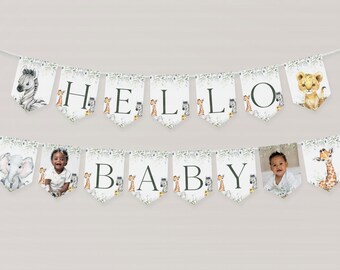 Safari Shower Banner with Photo, Custom Baby Shower Buntings Wild Animal Template, Jungle Photo Banner Backdrop CANVA DIY Instant BS003A