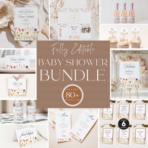 Editable Baby in Bloom Theme for Girl Baby Shower, Wildflower Baby Shower Bundle Floral Baby Shower Invitation Games Sign Decor CANVA BS001A