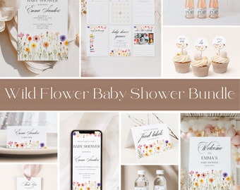 30+ Piece Boho Floral Baby Shower Bundle Template, Editable Wildflower Invitation, Games Bundle, Welcome Sign, Instant Download CANVA BS001A