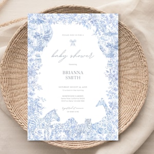 Toile De Jouy Baby Invitation, Blue Toile Safari Animal Baby Shower Invitation Floral, Custom Elegant Editable Invite Canva Digital BS012A