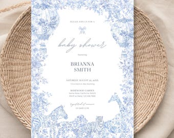 Toile De Jouy Baby Invitation, Blue Toile Safari Animal Baby Shower Invitation Floral, Custom Elegant Editable Invite Canva Digital BS012A