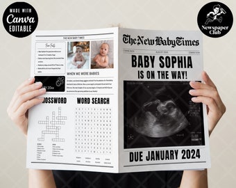 Newspaper Template Baby, Pregnancy Announcement Editable Large Newspaper Templates for Newspaperclub Printing Baby Shower News Canva Digital