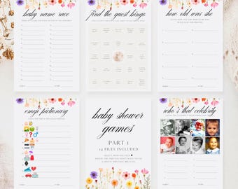 Puede incluir: Un conjunto de juegos de baby shower imprimibles con bordes florales. Los juegos incluyen "Baby Name Race", "Find the Guest Bingo", "How Old Was She", "Emoji Pictionary" y "Who's That Celebrity".