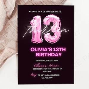 13th Birthday Celebration Invite for Girls, Neon Glow Digital Template, Customizable Neon Birthday Party Invite for 13-Year-Old Girl, HP011A