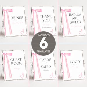 Pink Bow Baby Shower Sign, Editable Signs For Baby Shower Pink Bow, Baby Shower Sign Bundle, Pink Ribbon Baby Shower Signs, CANVA DIY BS004A