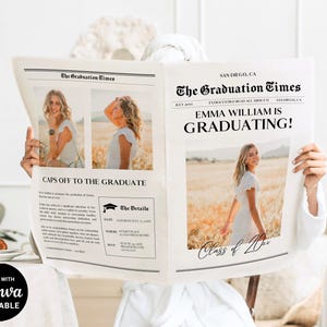 Editable Newspaper Graduation Announcement, Printable Grad Celebration Party Invitation, 2025 Grad Invite Template, Instant Download, CANVA