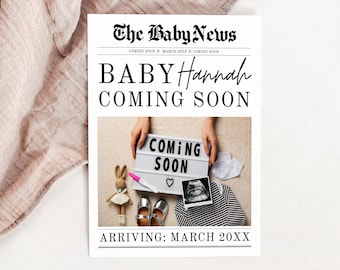 Baby On The Way Newspaper Printed, Baby Coming Soon Newspaper Template, The Baby Times Newspaper, New Baby Announcement Newspaper, CANVA