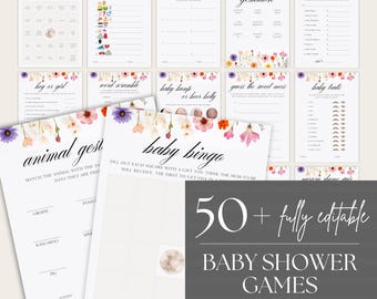 Wildflower Baby Shower Games Bundle, Boho Printable Floral Signs, Downloadable Baby Shower Games Collection, Canva,Instant Download BS001A