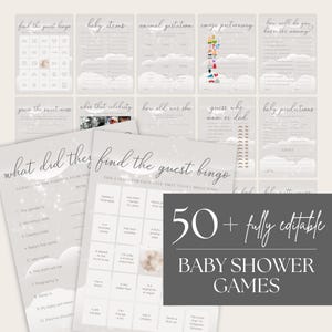 Cloud Themed Baby Shower Game Bundle, PRINTABLE On Cloud 9 Baby Shower Games, Editable Modern Baby Shower 50+ Game, Canva Template BS002A