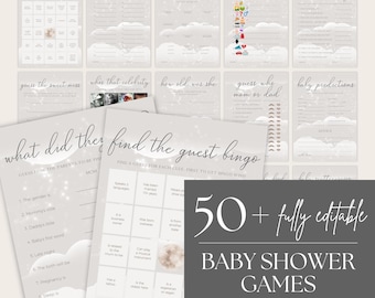 Cloud Themed Baby Shower Game Bundle, PRINTABLE On Cloud 9 Baby Shower Games, Editable Modern Baby Shower 50+ Game, Canva Template BS002A